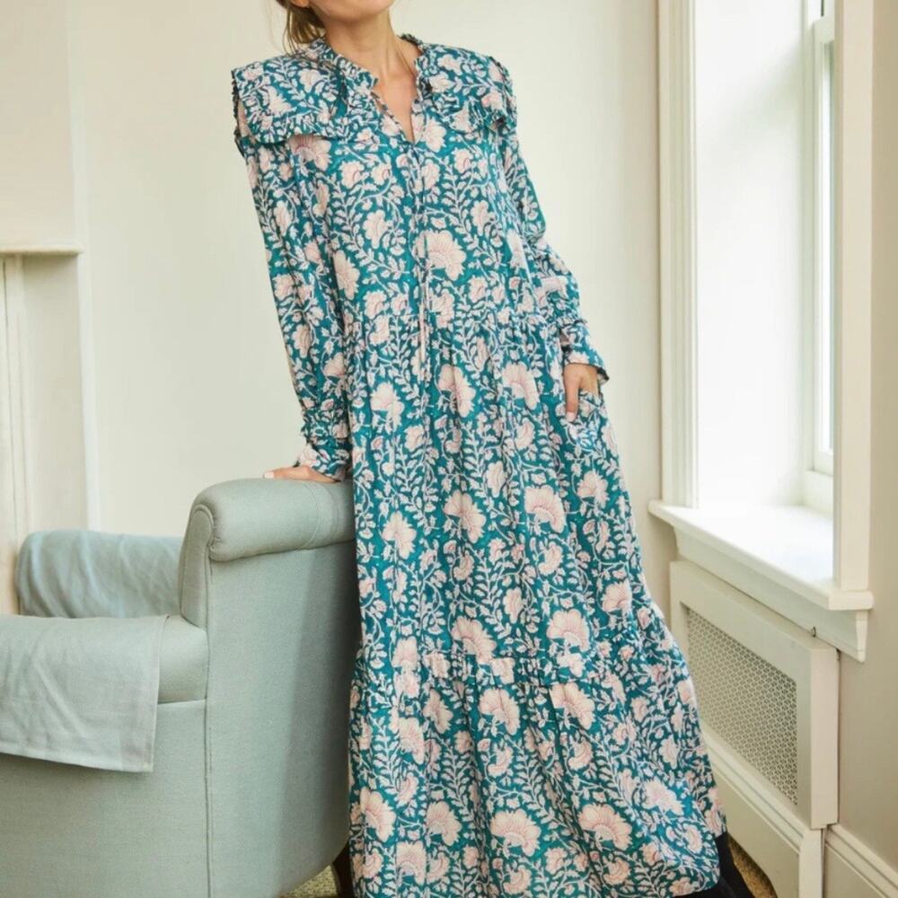 Ophelia & Indigo Ivy Maxi Dress Green Pink Floral Block Print M